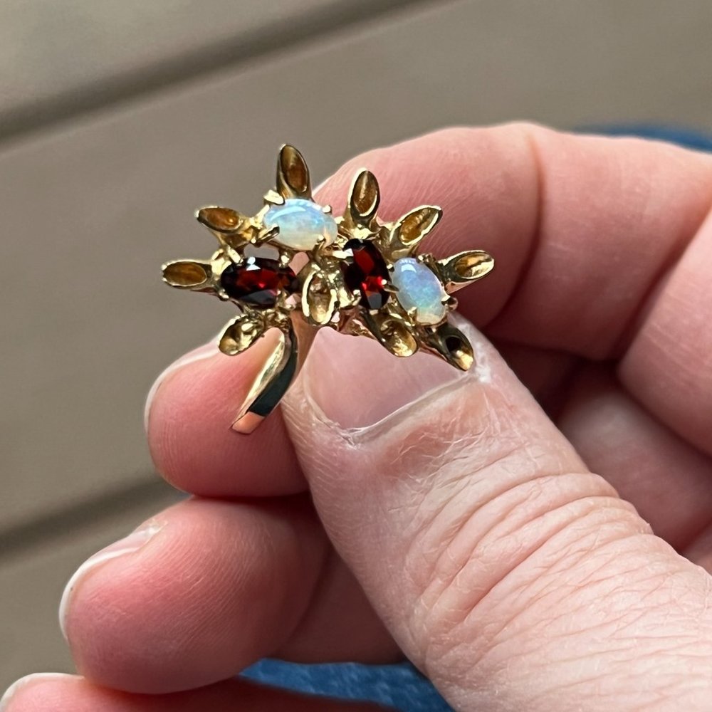 Unique opal and garnet 14k gold ring, size 5.75